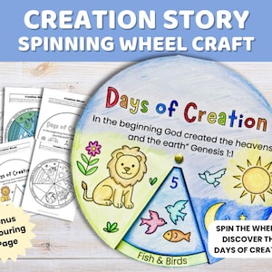 May include: A circular paper spinning wheel craft titled Days of Creation with a lion, sun, and fish illustrations, featuring the text In the beginning God created the heavens and the earth Genesis 1:1, alongside several black and white colouring pages.