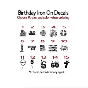 May include: A sheet of iron-on decals for birthdays. The decals feature various designs, including birthday candles, balloons, and the words "It's my birthday". The decals are numbered 1 through 15. Decals 11-15 can be made for any age.