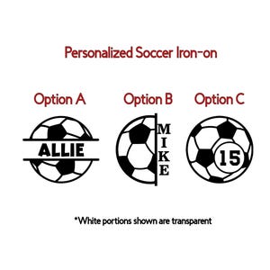以下が含まれることがあります： パーソナライズされたサッカーアイロンオンの3つのオプション。オプションAは、中央に「ALLIE」という名前のサッカーボールを示しています。オプションBは、側面に「MIKE」という名前のサッカーボールを示しています。オプションCは、中央に「15」という番号のサッカーボールを示しています。
