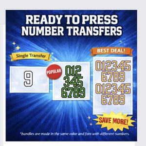 May include: Image of ready-to-press number transfers. The image features a single number 9, and a set of numbers 0123456789 in green and gold. Text includes "READY TO PRESS NUMBER TRANSFERS" and "SAVE MORE!"