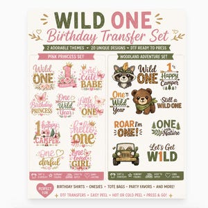 Op de afbeelding: Een vel DTF (Direct to Film) transferontwerpen voor verjaardagsshirts, rompertjes en meer. De ontwerpen bevatten twee thema's: Pink Princess en Woodland Adventure, met verschillende afbeeldingen en tekst zoals "Wild One" en "Happy Camper".