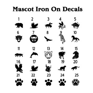 Può includere: Un foglio di decalcomanie termoadesive con 25 diverse mascotte animali. Le decalcomanie sono numerate da 1 a 25 e includono una varietà di animali, come orsi, tigri, aquile e altro ancora.
