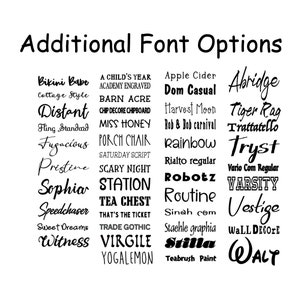 May include: A black and white image displaying a variety of font styles. The text "Additional Font Options" is at the top. Font names include "Bikini Babe", "Distant", "Sophia", "Robotz", and "Walt".