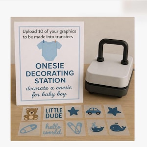 Kit per la decorazione di tutine - Carica la tua grafica per realizzare tutine trasferibili tramite termoadesivo - Kit per attività per gli ospiti del baby shower