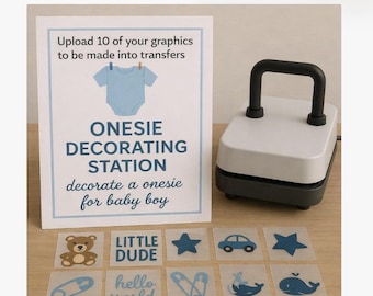 Onesie Decorating Station Kit- Upload Your Graphics to Make Onesie Transfer Iron-ons - Baby Shower Guest Activity Kit