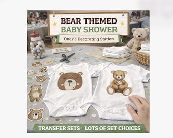 Woodland Bear Themed Baby Shower Transfer Set of 10, Decorate a Onesie and Bib Station, Fabric Marker Onesie Coloring
