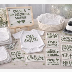 Glitter Onesie Decorating Station Iron-on Decal Sets: Baby Shower Bib Decorating Kit- Glitter Onesie Bar Transfers