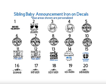 Sibling Baby Announcement Iron On Decals: Big Sister/Brother Heat Transfer