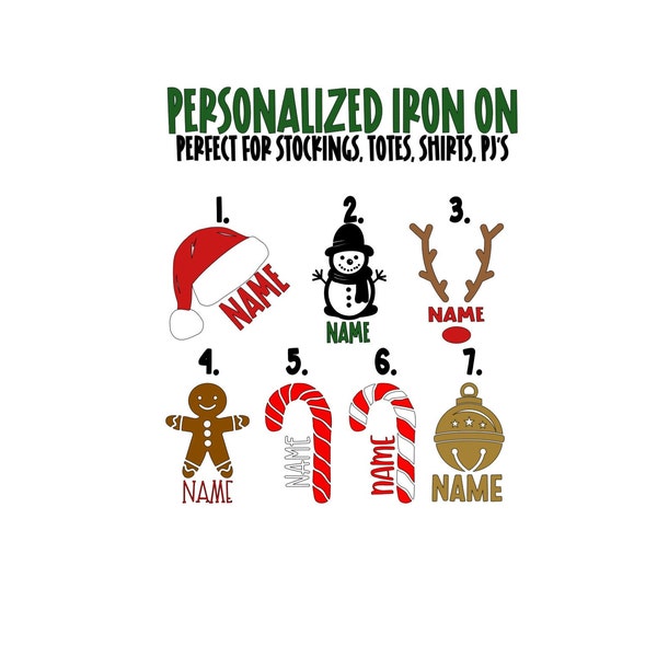 Personalized Christmas Iron On Decal, Family Christmas Pajamas Name Iron ons, Christmas Stocking Names, Christmas Shirt Iron Ons