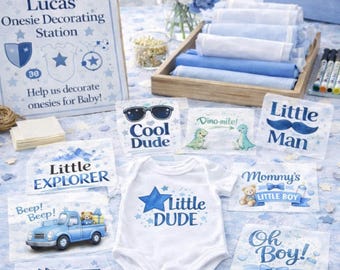 Baby Shower Activity Baby Boy Onesie Decorating Set of 15 Transfers