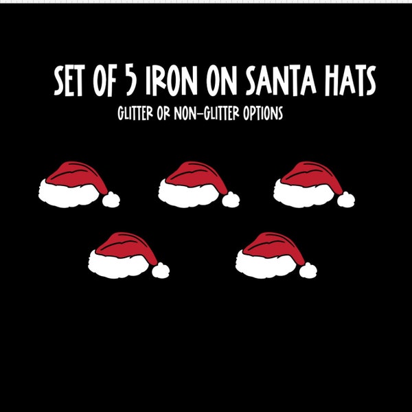 Santa Hats Iron On Decal Set of 5, Glitter Santa Hat Patches, Santa Hat Heat Transfer, Christmas Iron On Decal Sets