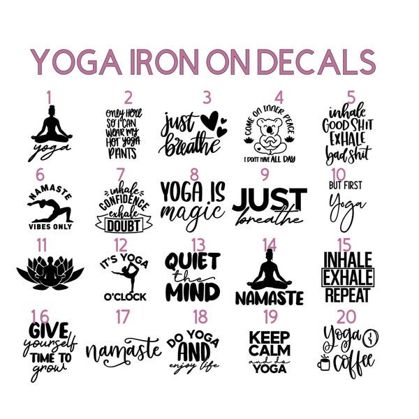 Yoga Iron on Decals, Yoga Heat Transfer Patches, Choose Size and Color