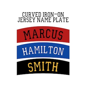 May include: Curved iron-on jersey name plate with the text "MARCUS HAMILTON SMITH" in black, white, and gold lettering.