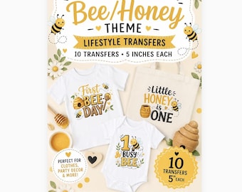 Bee Themed First Birthday Ready-to-Press Transfer Set for Birthday Outfits and Decor. First Birthday Shirt Iron-ons