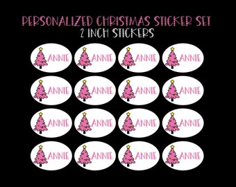 Pink Christmas Tree Gift Tag Stickers Set of 16, Personalized Child's Name Gift Labels, Girls Christmas Gift Tags, Pink Tree Sticker