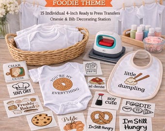 Baby Shower Onesie Decorating Station Kit - Foodie Theme– 15 Ready-to-Press Transfers