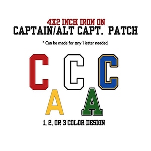 Könnte beinhalten: Aufbügelflicken mit dem Text "CAPTAIN/ALT CAPT. PATCH". Die Flicken sind 10,16 x 5,08 cm groß und zeigen die Buchstaben "C" und "A" in verschiedenen Farben, darunter Rot, Weiß, Blau, Gelb und Grün. Das Design kann für jeden Buchstaben angefertigt werden.