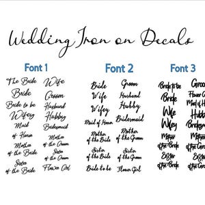 May include: White background with the text "Wedding Iron on Decals" in cursive. Below, three font options display wedding-related words like "Bride," "Groom," and "Wife." The fonts are in black.