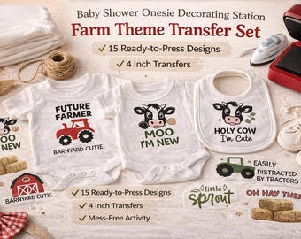 Farm Baby Shower Onesie Decorating Station - DTF Iron-On Transfers (Set of 10, 4-inch)