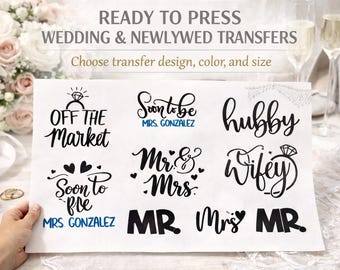 Trasferibili termoadesivi pronti all'uso per matrimoni e novelli sposi, con la scritta "Mr. e Mrs.".
