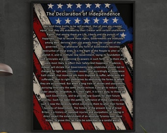 La Dichiarazione di Indipendenza su uno sfondo di bandiera americana - Stampa di poster storico - Stampa fisica senza cornice