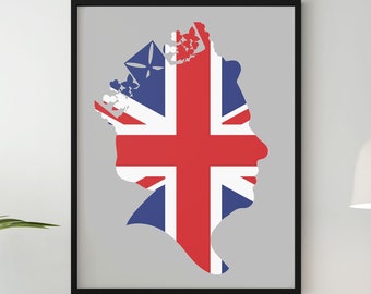 Silhouette della regina Elisabetta II e bandiera Union Jack - Stampa artistica storica su poster da parete - Anglophile Wall Art - Con e senza cornice