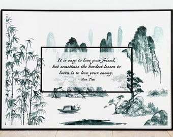 Stampa con citazione di Sun Tzu: Paesaggio montano ad acquerello, decorazione zen