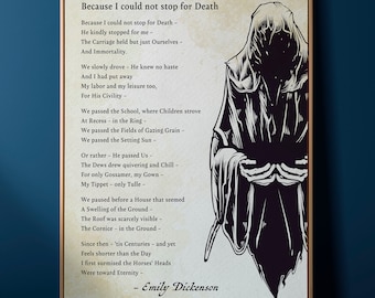 Emily Dickinson - Perché non potevo fermarmi per la poesia della morte - Immagine della morte che tiene le mani tese su uno sfondo di carta vecchia - poesia murale