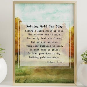 Robert Frost Poetry Print – Nothing Gold Can Stay, Literacka sztuka ścienna, Dekoracja jesienna inspirowana naturą, Inspirujący prezent dla miłośników książek