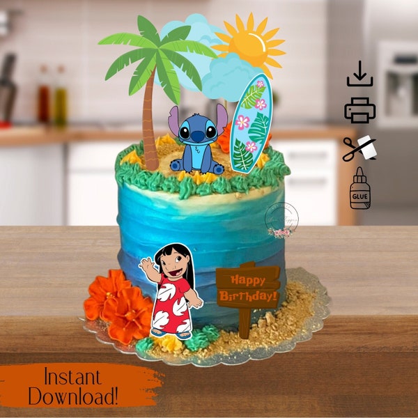 Printable Hawaiian Inspired Cake & Cupcake Topper-DIGITAL DOWNLOAD-Print From Home-Includes Numbers 0-9-Li-lo and Sti-tch Printable Topper