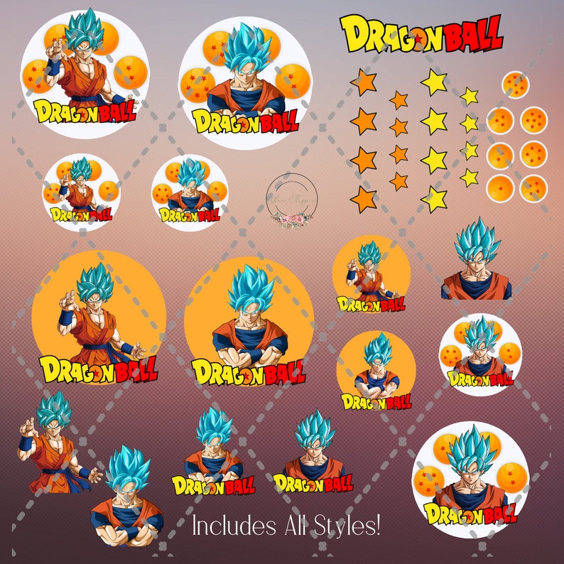 Pode incluir: Um conjunto de toppers de cupcake imprim&iacute;veis com tema Dragon Ball Z que apresenta Goku em sua forma Super Saiyan Blue. Os toppers incluem v&aacute;rias poses de Goku, incluindo uma pose em p&eacute;, uma pose de voo e uma pose com os bra&ccedil;os cruzados. Os toppers tamb&eacute;m incluem o logotipo do Dragon Ball Z e estrelas.