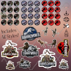 May include: A set of printable stickers featuring dinosaurs from the Jurassic Park and Jurassic World films. The stickers include various dinosaurs, logos, and text. The stickers are designed for use on cakes, cupcakes, and other baked goods.