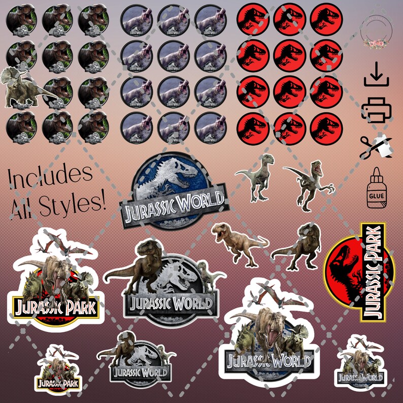 May include: A set of printable stickers featuring dinosaurs from the Jurassic Park and Jurassic World films. The stickers include various dinosaurs, logos, and text. The stickers are designed for use on cakes, cupcakes, and other baked goods.
