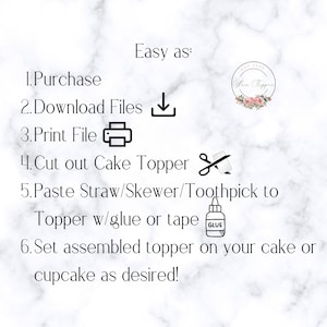 Pode incluir: F&aacute;cil como: Compre, fa&ccedil;a o download dos arquivos, imprima, recorte o topo do bolo, cole um canudo/espeto/palito de dente no topo com cola ou fita adesiva e coloque o topo montado em seu bolo ou cupcake como desejar.
