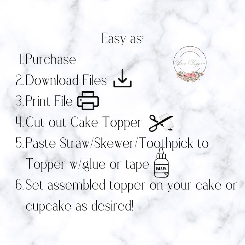 Pode incluir: F&aacute;cil como: Compre, fa&ccedil;a o download dos arquivos, imprima, recorte o topo do bolo, cole um canudo/espeto/palito de dente no topo com cola ou fita adesiva e coloque o topo montado em seu bolo ou cupcake como desejar.