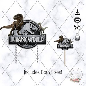 May include: Two printable Jurassic World cupcake toppers featuring dinosaurs and the Jurassic World logo. The larger topper has a T-Rex, a smaller dinosaur, and the Jurassic World logo. The smaller topper has a smaller dinosaur and the Jurassic World logo. Both toppers are printed on white cardstock.