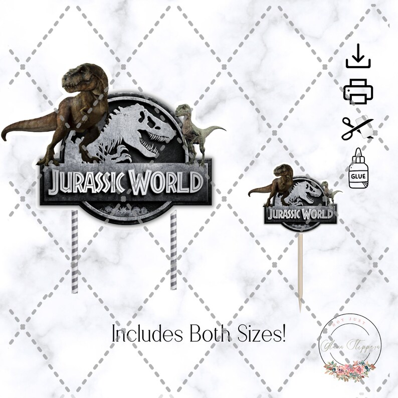 May include: Two printable Jurassic World cupcake toppers featuring dinosaurs and the Jurassic World logo. The larger topper has a T-Rex, a smaller dinosaur, and the Jurassic World logo. The smaller topper has a smaller dinosaur and the Jurassic World logo. Both toppers are printed on white cardstock.