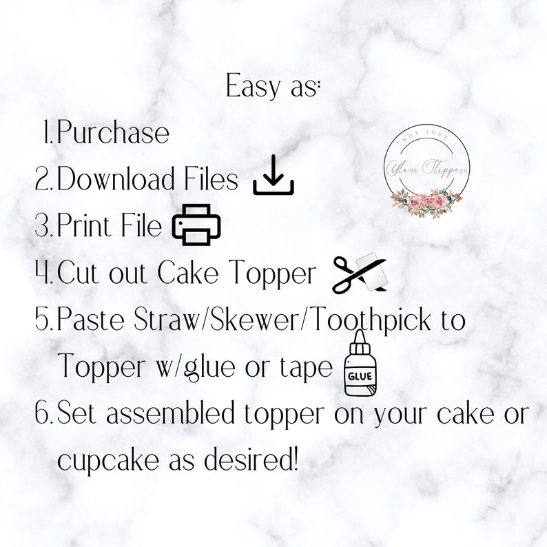 May include: A step-by-step guide on how to assemble a cake topper. The instructions include purchasing, downloading, printing, cutting, and assembling the topper. The image includes icons for each step, such as a download arrow, a printer, scissors, and glue.