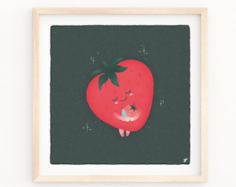 Impresión giclée de mamá y bebé fresa, arte de pared para habitación infantil
