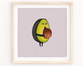 Impresión giclée de una mamá embarazada con aguacate y su bebé, arte de pared para habitación infantil