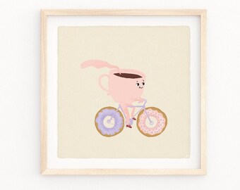 Impresión artística de una bicicleta con forma de donut y taza de café, ilustración infantil divertida
