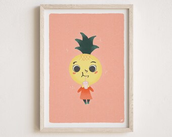 Impresión giclée de niña bebiendo piña, arte de pared infantil colorido