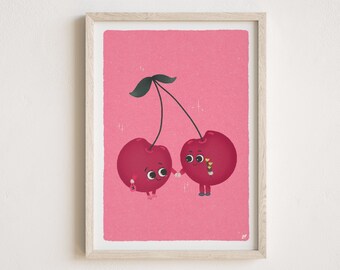 Impresión giclée de cerezas tomadas de la mano, arte infantil de género neutro