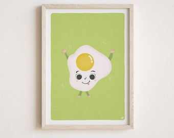 Impresión giclée de un huevo frito, ilustración antropomórfica de comida