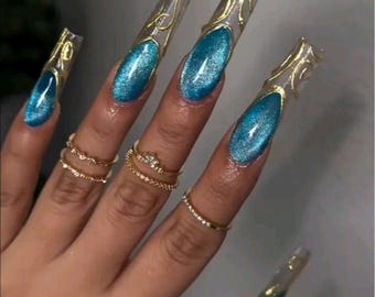 Luxury Press On Nails: Blue Cateye Gold Chrome 3D Ethereal Velvet