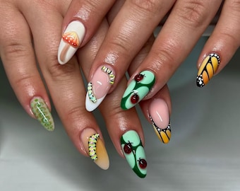 Luxury 3D Garden Fairy Press-On Nails: Ladybug, Butterfly, Mushroom