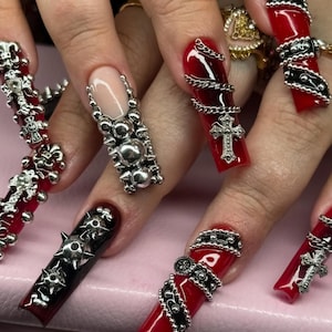 Gothic Emo Press On Nails: Silver Charms, Red & Black, Metallic Chains