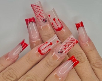 Luxury Halloween Press-On Nails: Spooky Blood, Spider Web Design