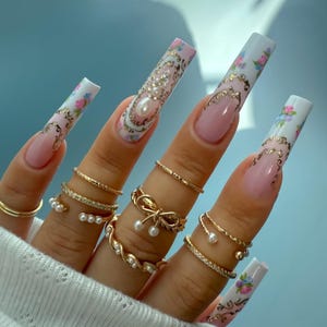 Luxury Press On Nails: Pink Floral Pearl Rhinestone Coquette Nails