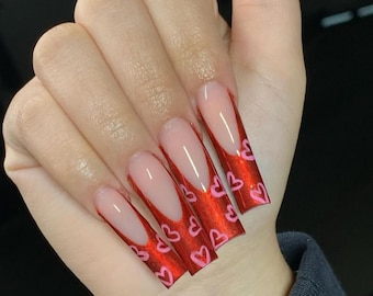 Luxury Press On Nails: Red Glitter Hearts, Long French Tip, valentines day nails